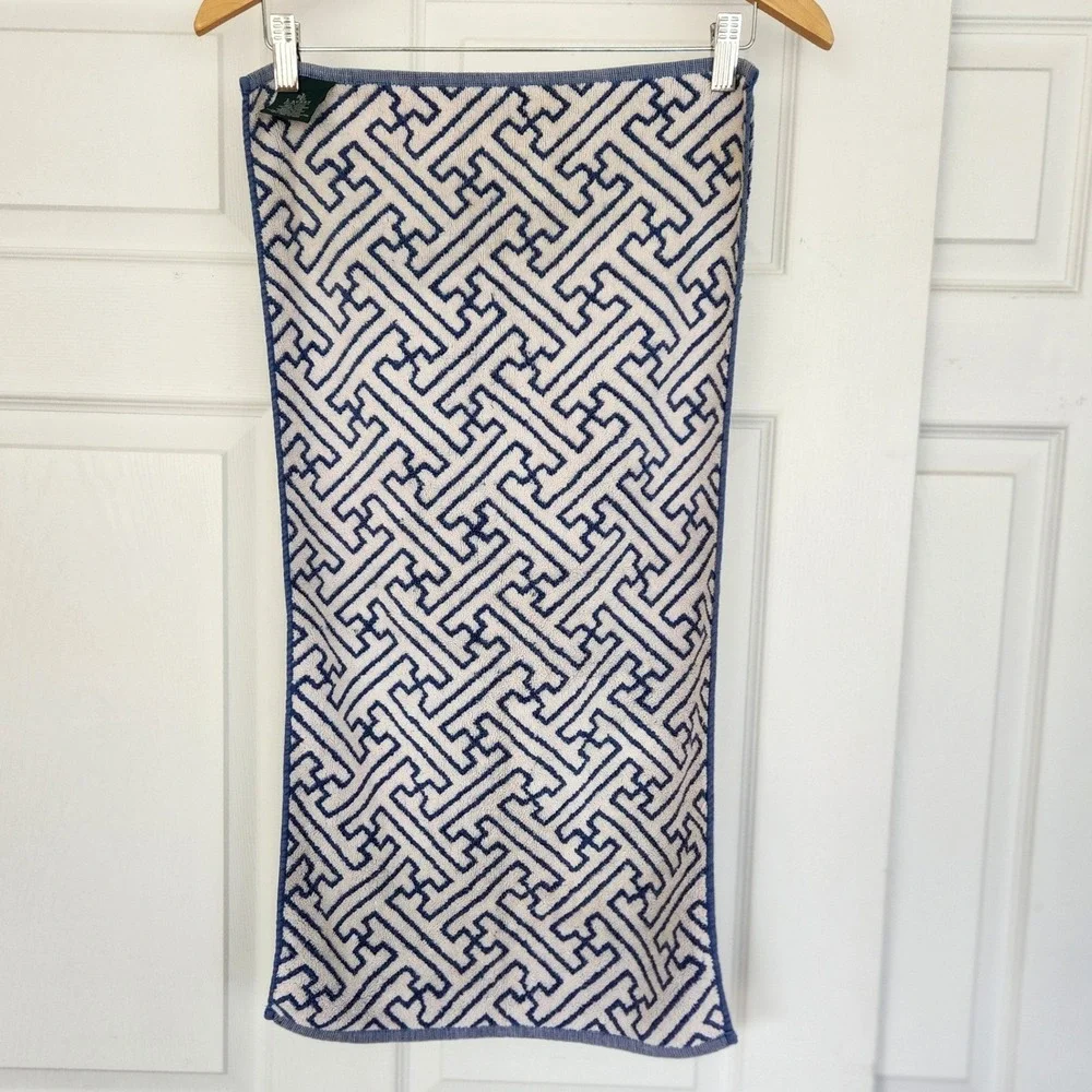 RLL Lauren Ralph Lauren Hand Towel Denim Blue and Cream T pattern - Picture 3 of 6